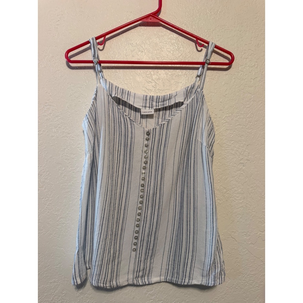 Lascana Striped Linen Blend Button Front Camisole Tank Top Blue White US 6